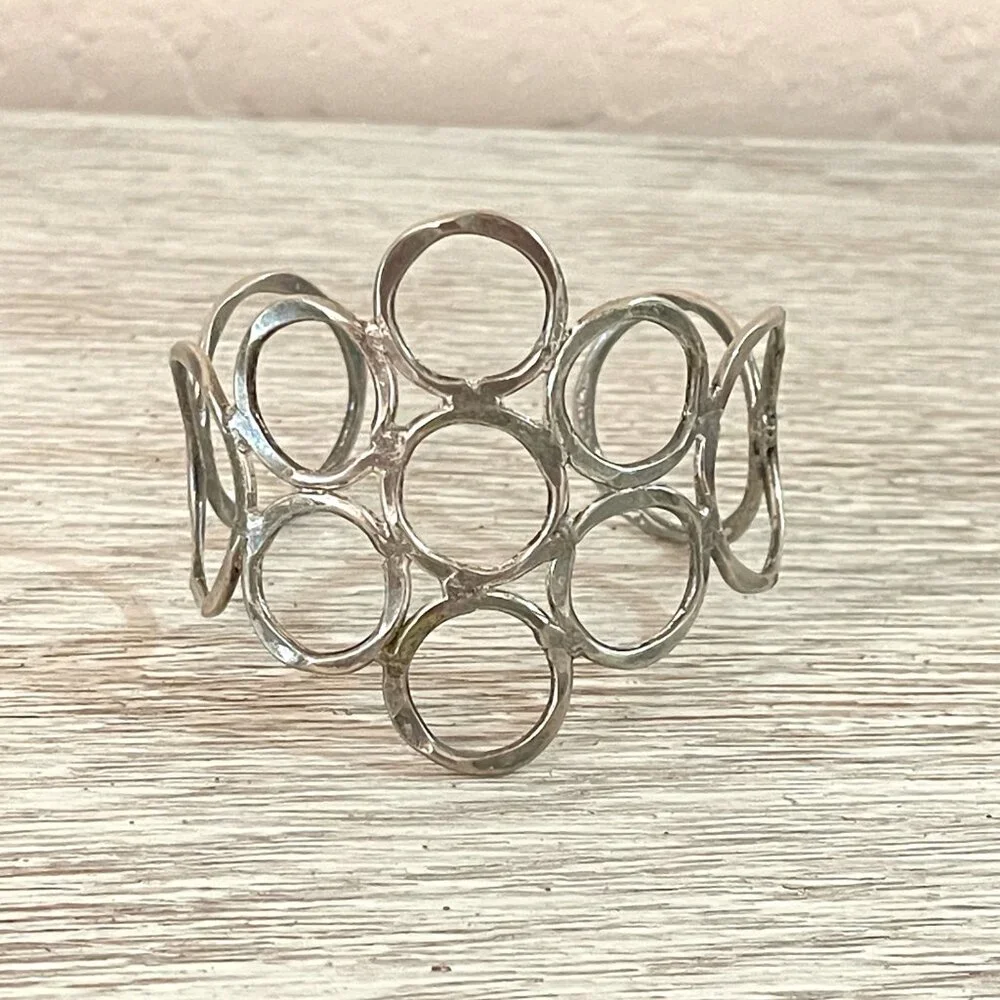 Cuff Bracelet Wide Silver Circles Adjustable Metal